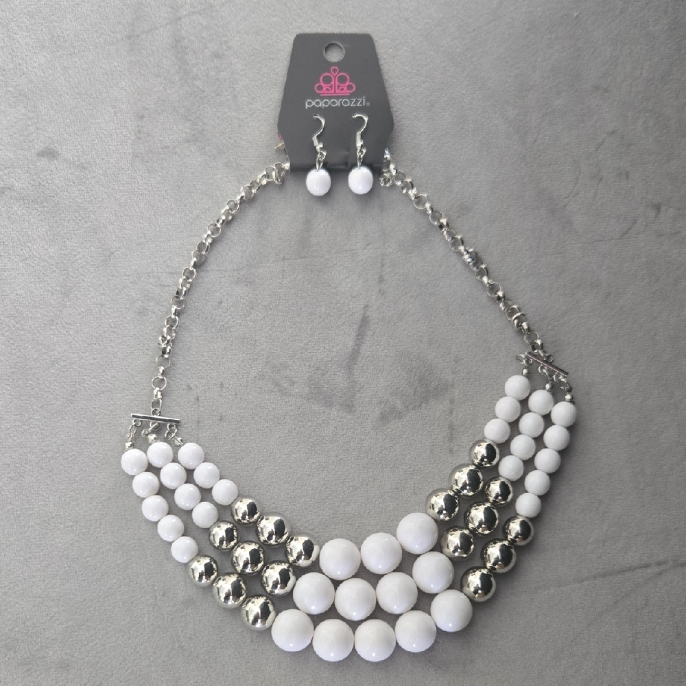 Paparazzi Silver and White Beaded Necklace Set